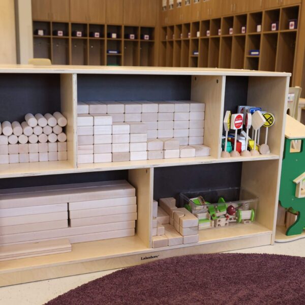 A classroom with wooden shelves filled with various wooden blocks, a tree-themed toy structure on the side, and rows of cubbies with colorful bins in the background.